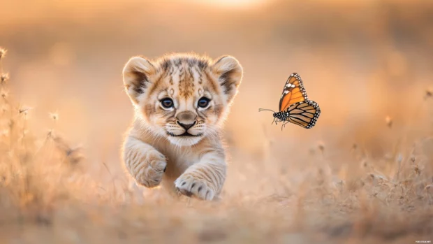 A cute baby lion chasing a butterfly in a golden savanna.