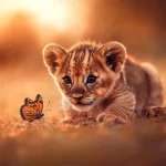 A cute baby lion cub with big round eyes, playfully chasing a butterfly in a golden savanna, warm sunset in the background .