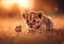 A cute baby lion cub with big round eyes, playfully chasing a butterfly in a golden savanna, warm sunset in the background .