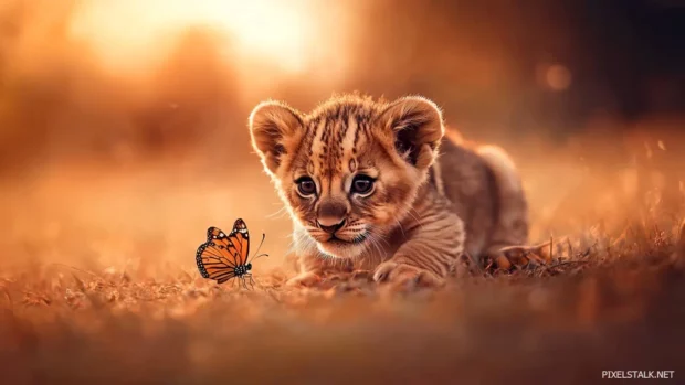 A cute baby lion cub with big round eyes, playfully chasing a butterfly in a golden savanna, warm sunset in the background .