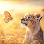 A cute baby lion cub with big round eyes, playfully chasing a butterfly in a golden savanna, warm sunset in the background .