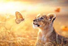 A cute baby lion cub with big round eyes, playfully chasing a butterfly in a golden savanna, warm sunset in the background .