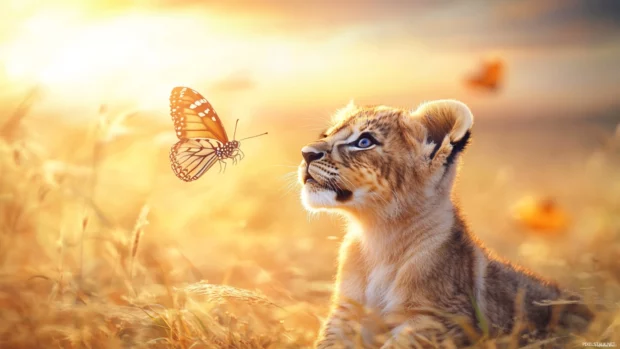 A cute baby lion cub with big round eyes, playfully chasing a butterfly in a golden savanna, warm sunset in the background .