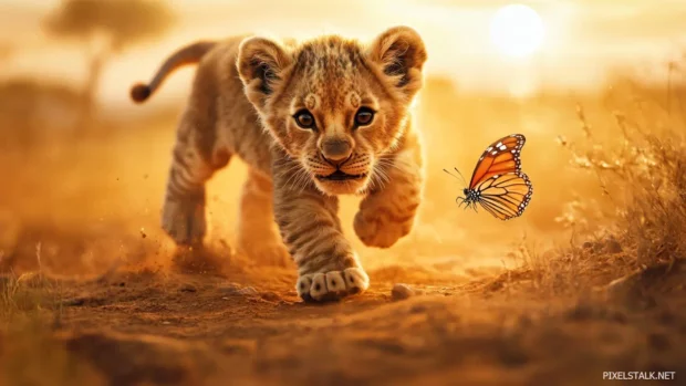 A cute baby lion cub with big round eyes, playfully chasing a butterfly in a golden savanna, warm sunset in the background.