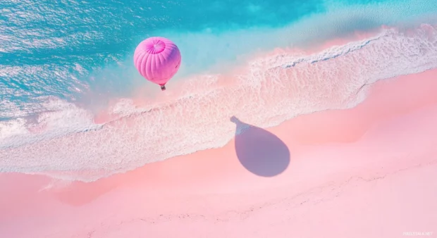 A cute beach with a pink hot air balloon flying overhead.