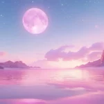 A cute pink wallpaper of beach with a pink moon in the sky.