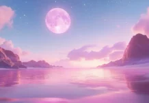 A cute pink wallpaper of beach with a pink moon in the sky.