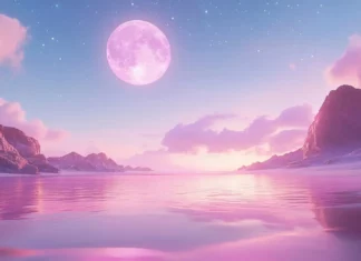 A cute pink wallpaper of beach with a pink moon in the sky.