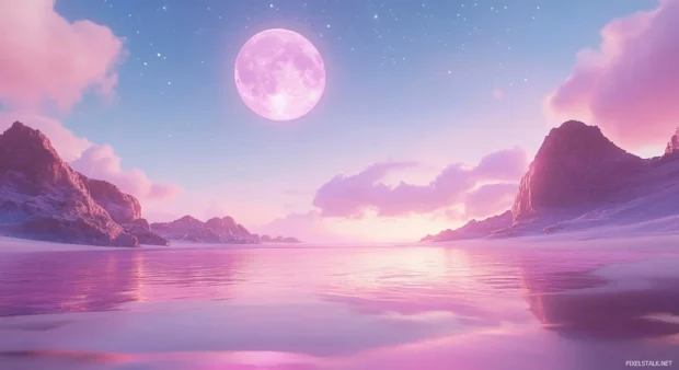 A cute pink wallpaper of beach with a pink moon in the sky.