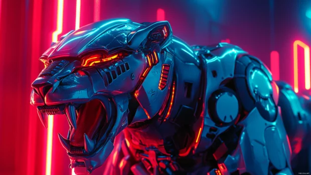 A cybernetic lion with mechanical enhancements, its metallic teeth bared in an aggressive snarl, neon lights reflecting off its futuristic armor.