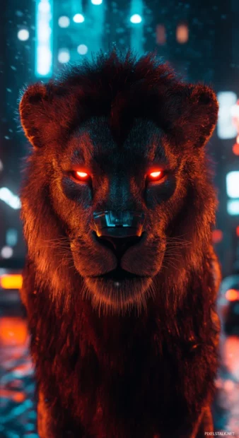 A cyberpunk inspired lion with neon glowing eyes and metallic fur.