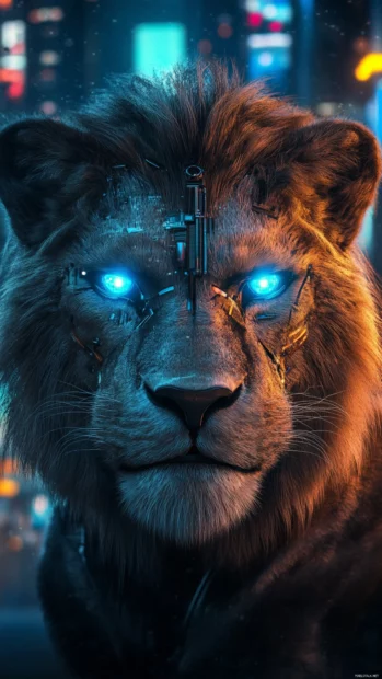 A cyberpunk inspired lion with neon glowing eyes and metallic fur, set in a futuristic cityscape.