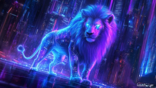 A cyberpunk style lion with neon blue and purple fur, vibrant sci fi cityscape .