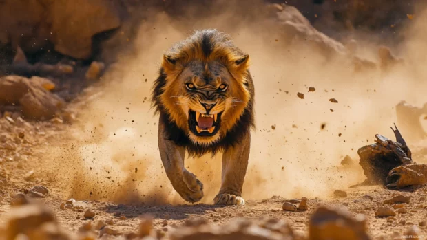 A dark maned lion growling menacingly, standing in the middle of a battlefield, dust swirling around.