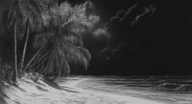 A dark wallpaper pencil sketch of a beach at night .