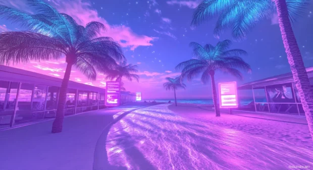 A digital aesthetic artwork of a futuristic beach scene at night.