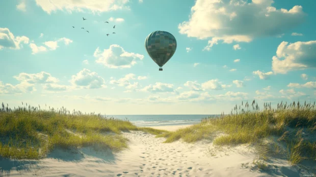 A digital artwork of a beach scene with a hot air balloon flying overhead.