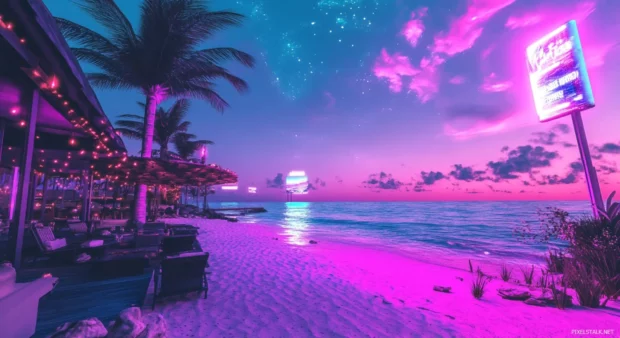 A digital artwork of a futuristic beach scene at night .