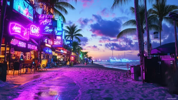 A digital artwork of a futuristic beach scene at night for PC.