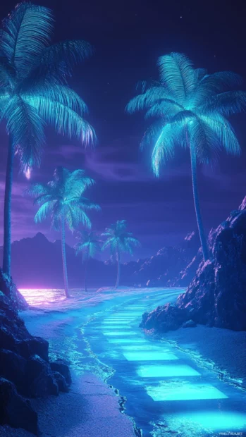 A digital iPhone wallpaper of a blue neon futuristic beach scene.