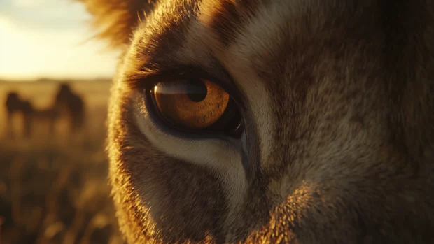 A dramatic close up of a lion eyes, reflecting the golden savanna landscape and conveying a sense of wisdom.