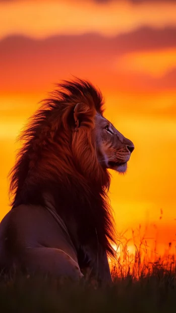 A dramatic shot of a lion silhouetted against a vibrant sunset.