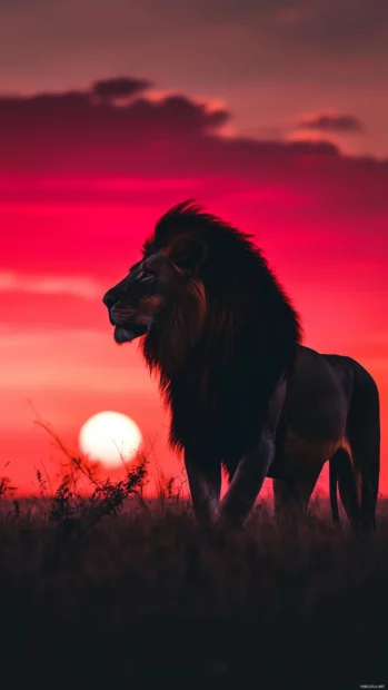 A dramatic shot of a lion silhouetted against a vibrant sunset.