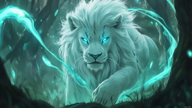 A fierce lion, blue eyes aglow, amid swirling magic, in a mystical forest.