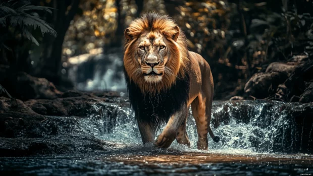 A fierce lion standing under a waterfall, water droplets glistening on its golden fur, deep jungle in the background.