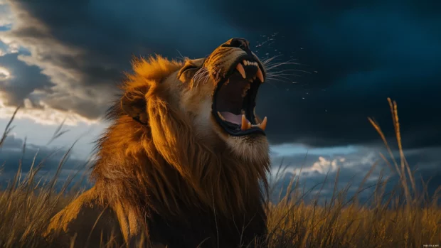 A furious lion roaring intensely, saliva flying from its sharp fangs, its golden mane wild in the wind, dark storm clouds in the background.