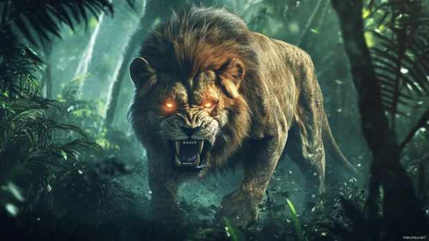 A furious lion standing in a dense jungle, claws digging into the ground, glowing eyes locked onto its prey, tension filling the air.