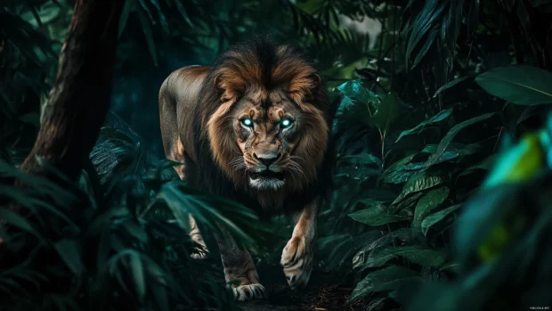 A furious lion standing in a dense jungle, claws digging into the ground, glowing eyes locked onto its prey, tension filling the air.