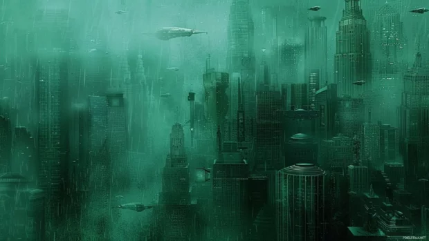 A futuristic and cool aquamarine cityscape with high rise buildings and flying vehicles.