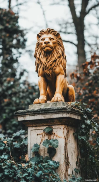 A golden lion standing atop a crumbling ancient temple, vines creeping around the ruins.