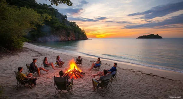 A group of friends gathering around a beach bonfire at sunrise.