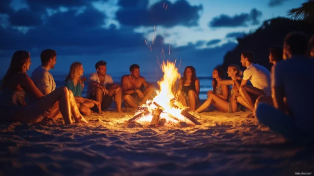 A group of friends gathering around a beach bonfire at sunrise wallpaper.