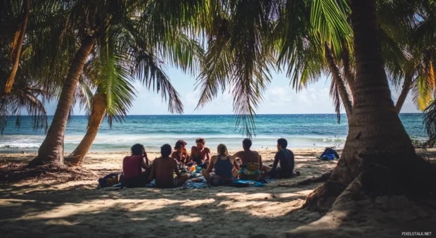 A group of friends relaxing in the shade of palm trees on a beach for desktop wallpaper.