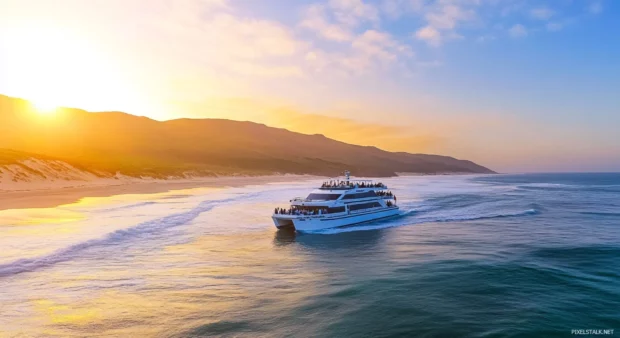 A group of people enjoying a sunrise cruise on a boat.