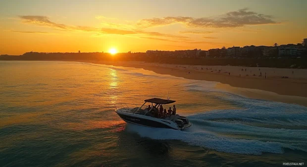 A group of people enjoying a sunrise cruise on a boat for desktop backgrround.