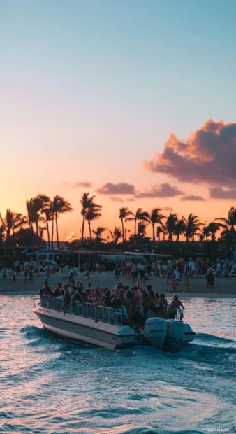 A group of people enjoying a sunset cruise on a boat.