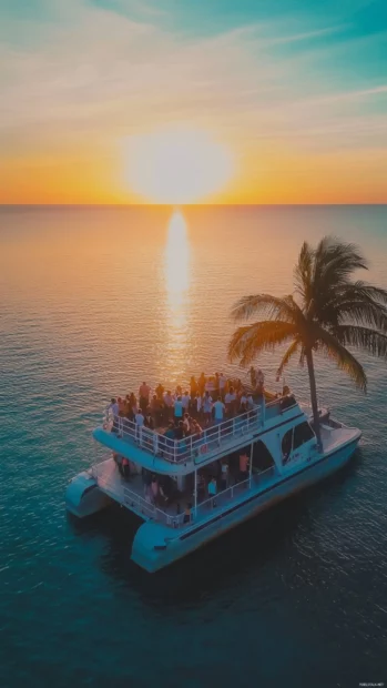 A group of people enjoying a sunset cruise on a boat beach wallpaper.