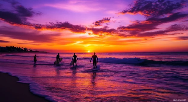 A group of surfers catching the first waves of the day as the sun rises for desktop wallpaper.