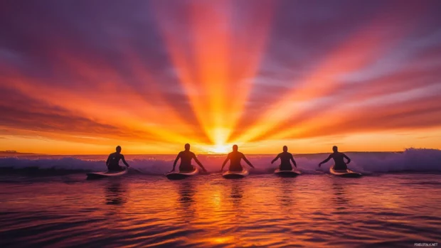 A group of surfers paddling out to catch the first waves of the day.