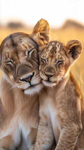 A heartwarming moment of a lion cub playfully nuzzling its mother, set against a backdrop of golden grasses and a soft evening light.