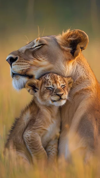 A heartwarming moment of a lion cub playfully nuzzling its mother, set against a backdrop of golden grasses and a soft evening light, showcasing the bond of family.