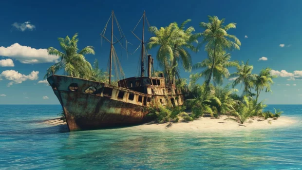 A high definition art piece of a deserted island with a shipwreck on the shore.