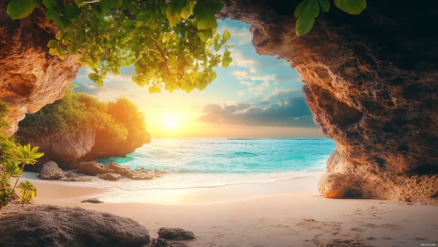 A high definition illustration of a beach with a hidden cave entrance.