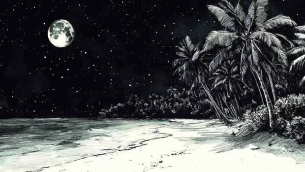 A high definition pencil sketch of a beach at night for PC wallpaper.