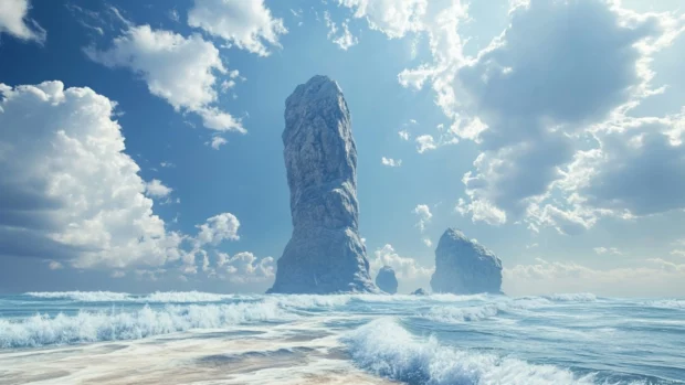 A high definition wallpaper of a beach with a giant rock formation in the ocean.