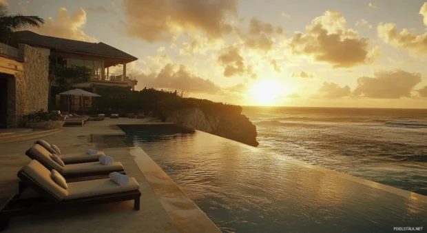 A image of beachside hotel with a swimming pool and lounge chairs for desktop.